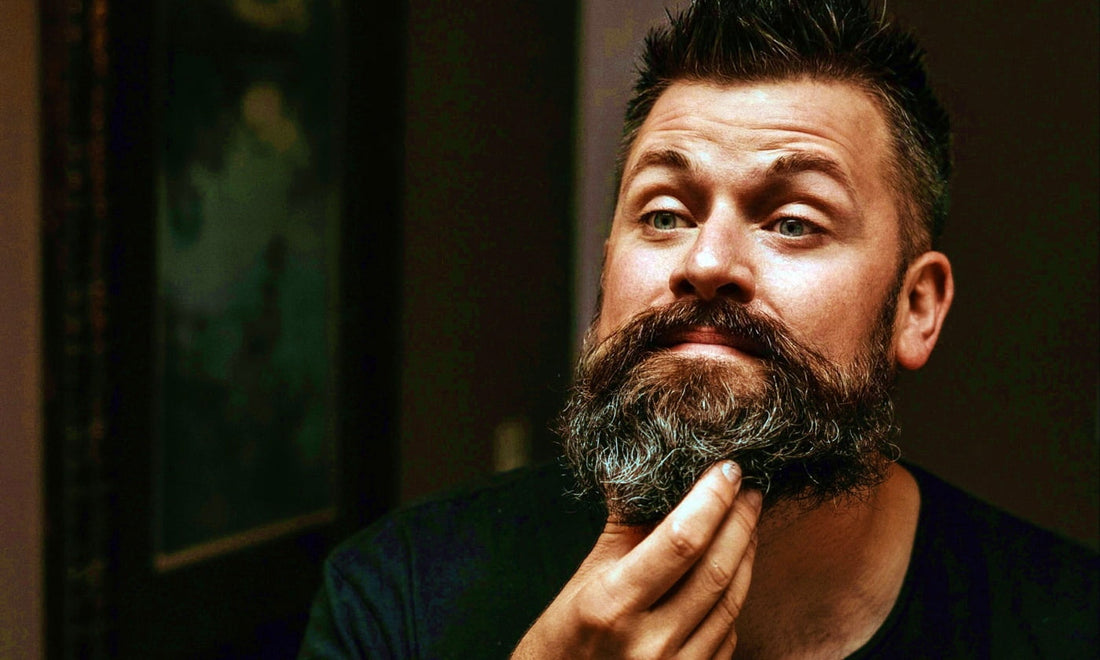 A middle aged man over 40 years old looking in the mirror and grooming his beard that has started to gray.