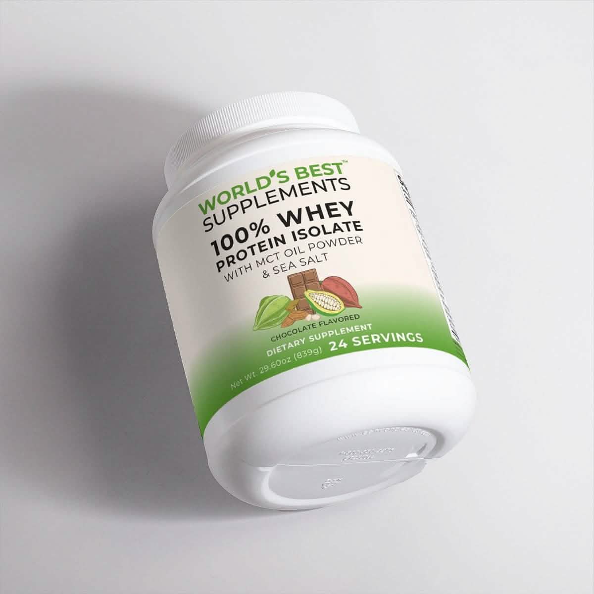 A tub of World's Best 100% Whey Protein Isolate Chocolate Flavored.