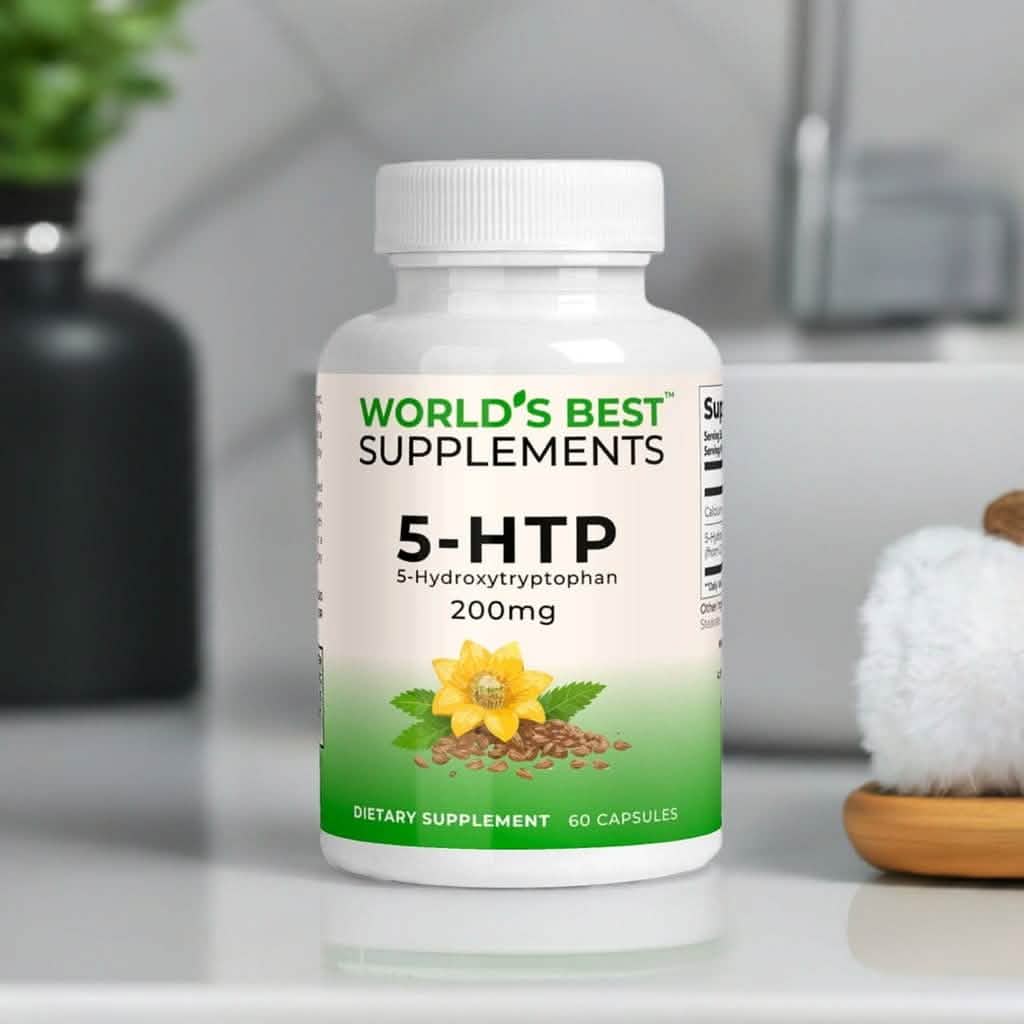 A bottle of 5-HTP Hydroxytryptophan capsules from World's Best Supplements.