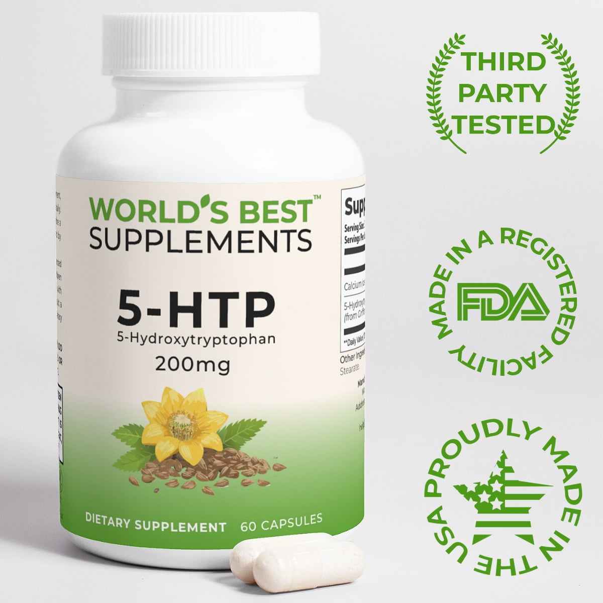 5-HTP Capsules, 60 Count bottle from World's Best Supplements. Third-Party Tested, and made in the USA in a FDA-Registered facility sing GMP practices.
