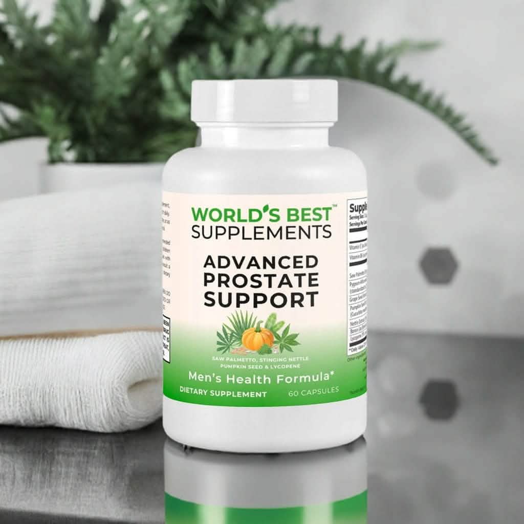 A bottle of Advanced Prostate Support capsules for men's health, from World's Best Supplements.