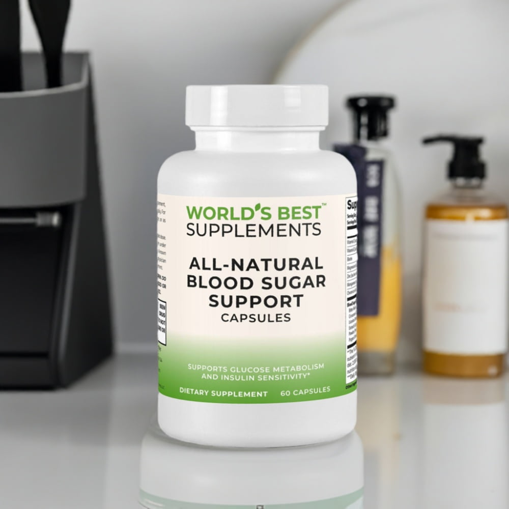 A bottle of All-Natural Blood Sugar Support Capsules (60 Count) from World's Best Supplements.