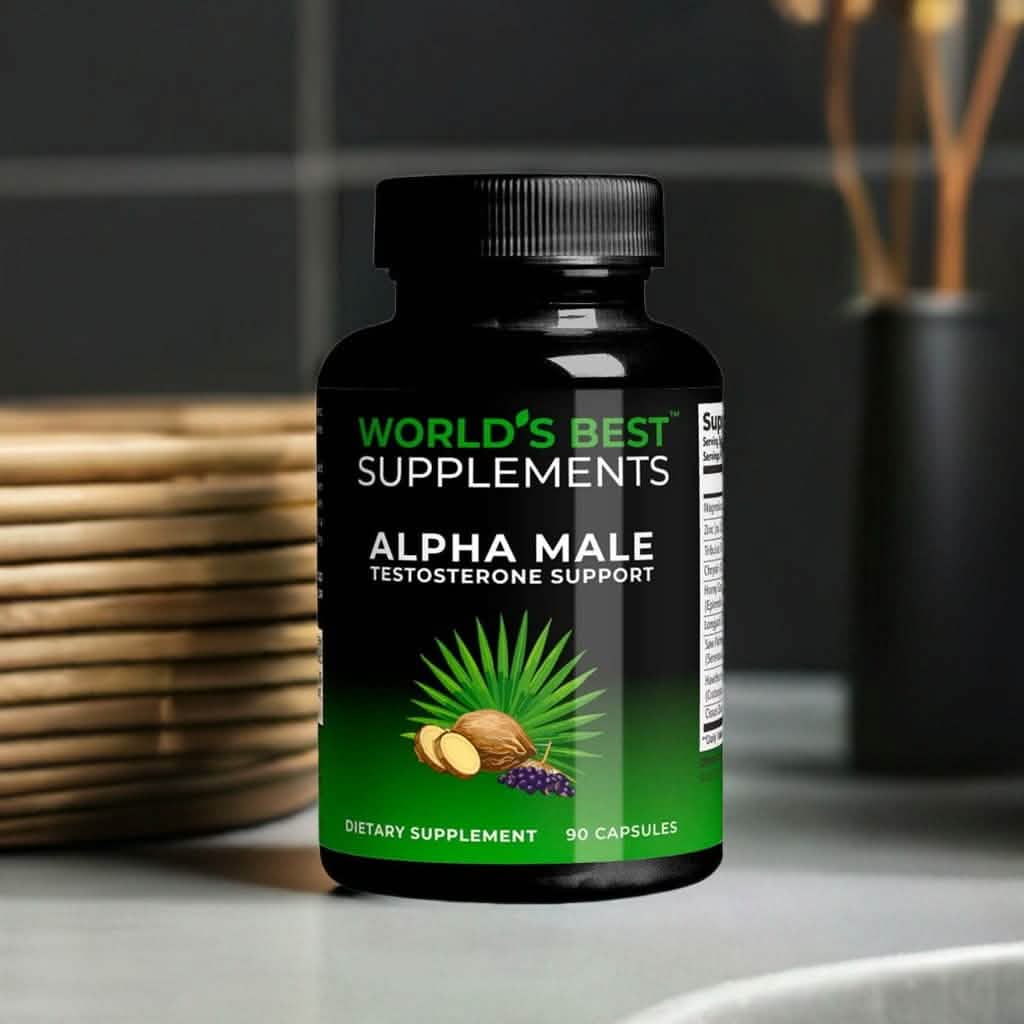 A black bottle of World's Best Testosterone Support Supplement called Alpha Male.