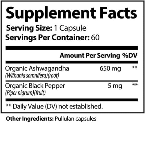 The supplement facts label for Ashwagandha 650mg capsules from World's Best Supplements showing the contents per serving.