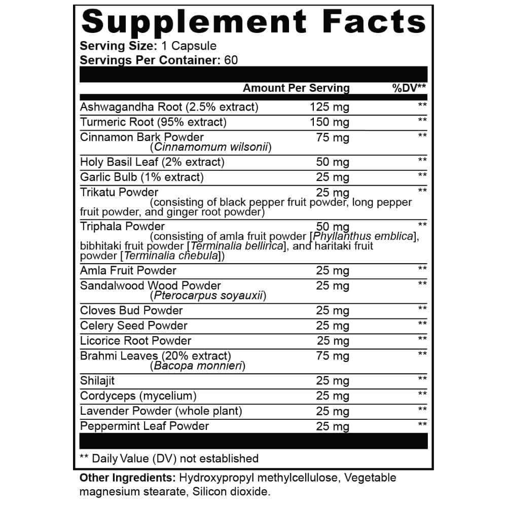 Dietary Supplement Facts Label for Ayurvedic Complex 60 Capsules from World's Best Supplements.