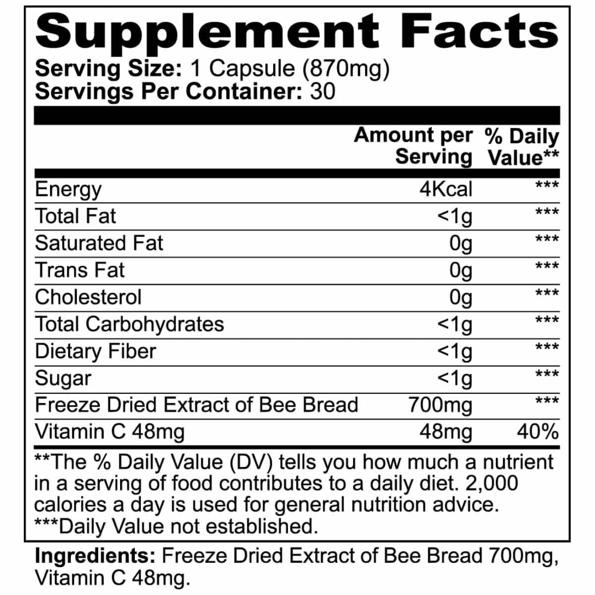 Supplement Facts label for World's Best Supplements' Bee Pearl Concentrated Bee Bread capsules.