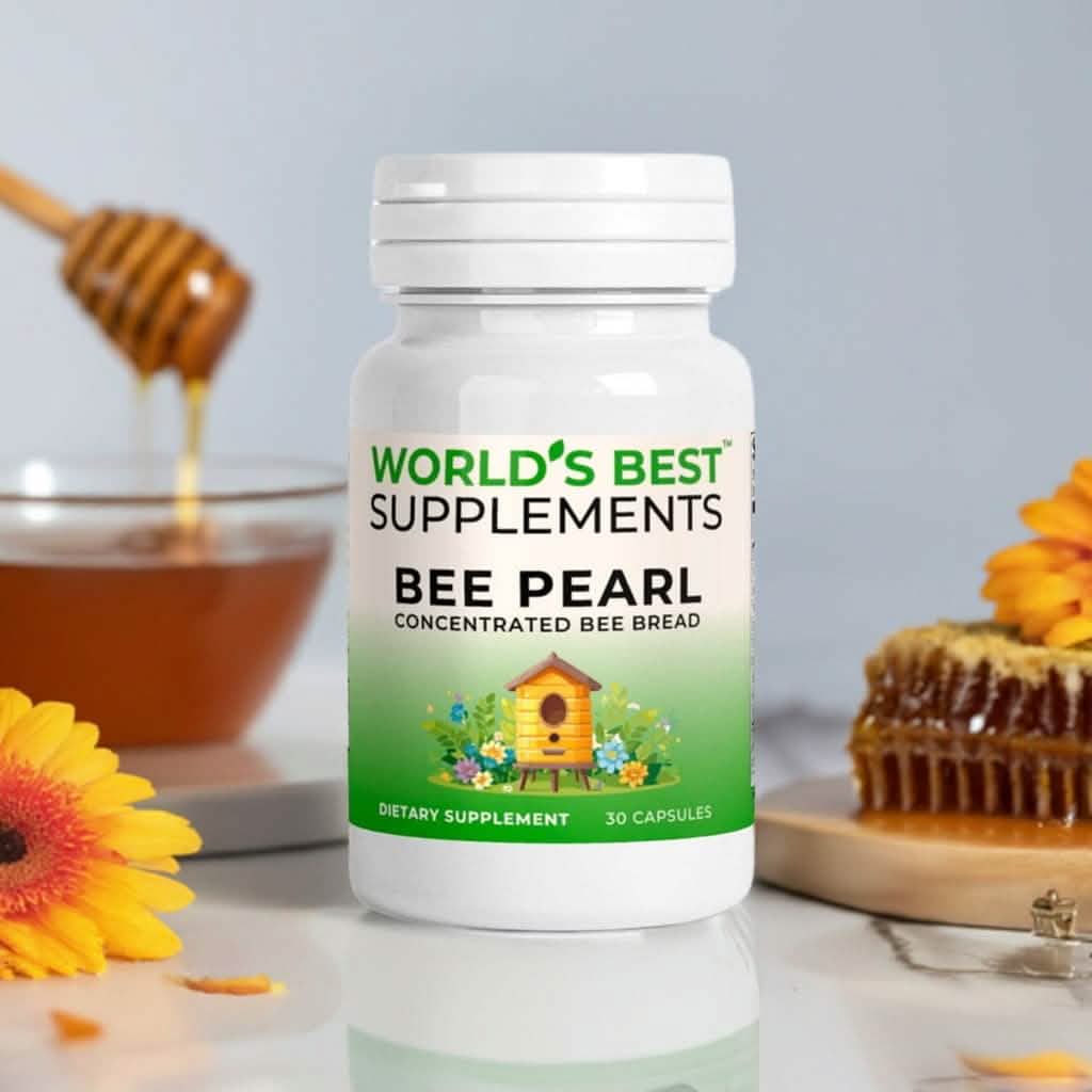 Bee Pearl Concentrated Bee Pollen supplement capsules, 30 count. Made for and distributed by World's Best Supplements.