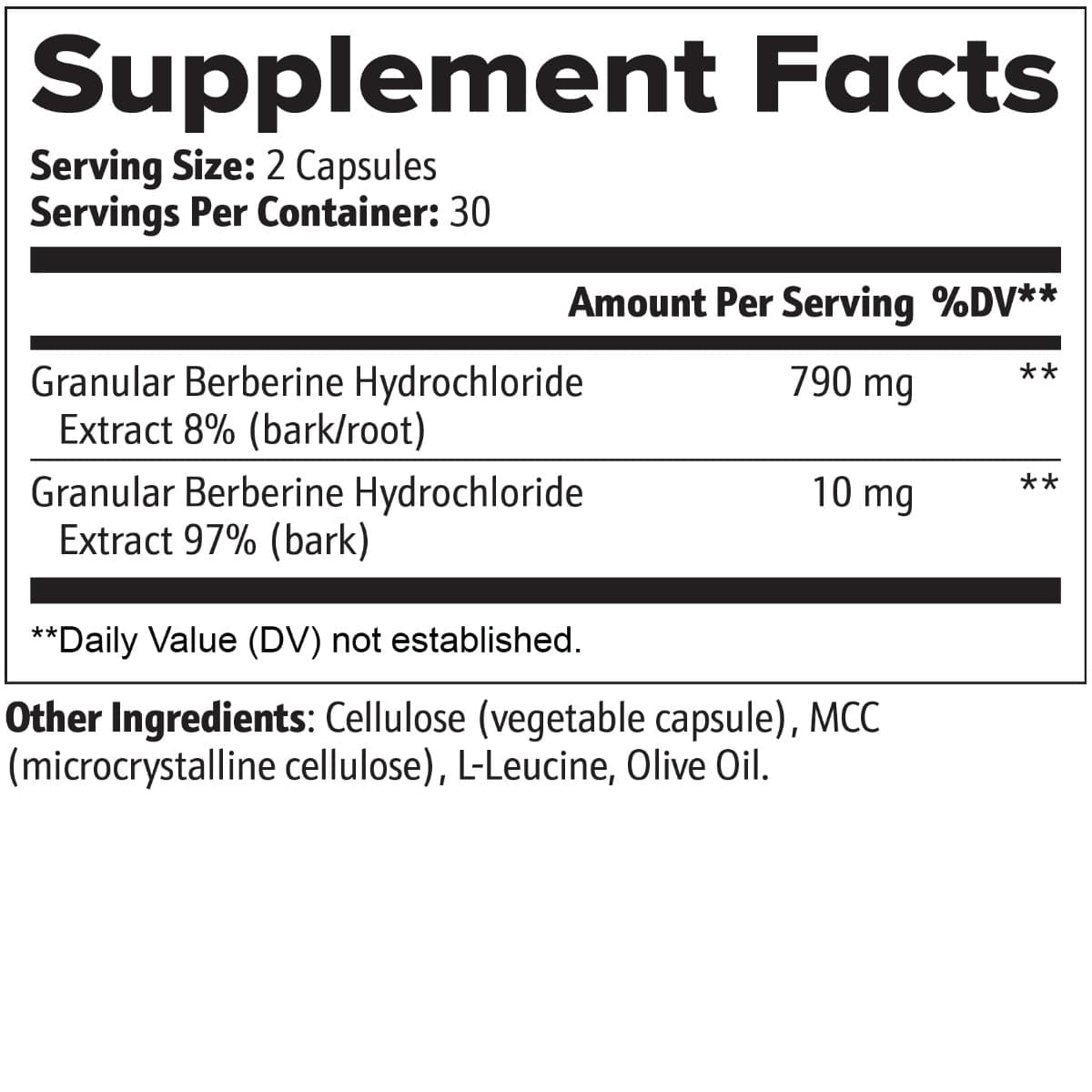 Supplement Facts label for Berberine 400mg Capsules from World's Best Supplements showing the contents.