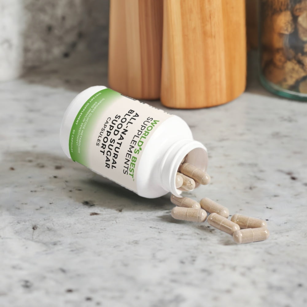 Blood Sugar Support Supplement Capsules on a kitchen counter made from Natural Ingredients by World's Best Supplements.