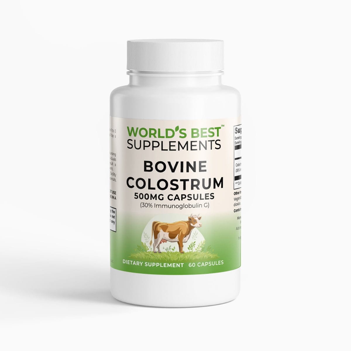 A bottle of Bovine Colostrum Capsules in 500mg strength featuring 30% Immunoglobulin G from World's Best Supplements.