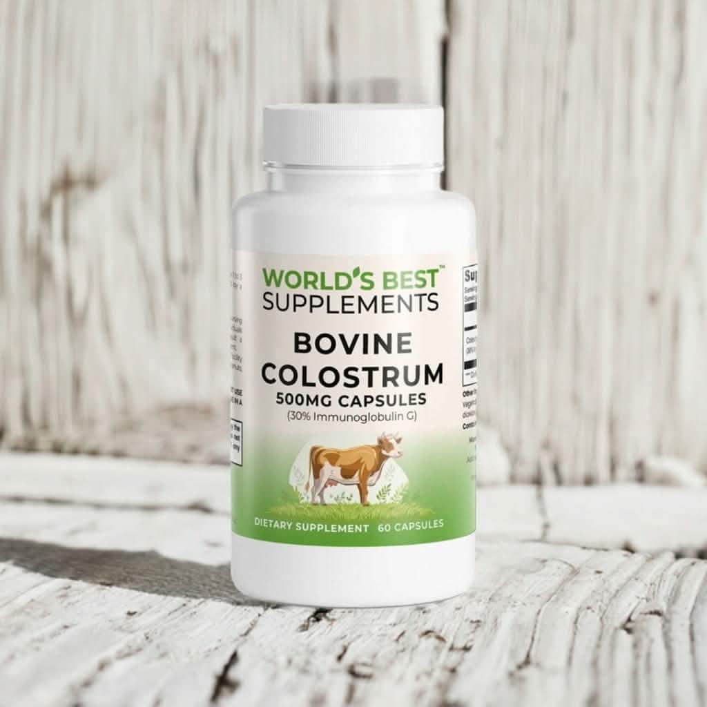 A bottle of Bovine Colostrum Capsules in 500mg strength featuring 30% Immunoglobulin G from World's Best Supplements.