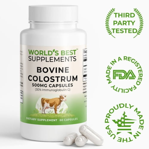 A bottle of Bovine Colostrum Capsules in 500mg strength featuring 30% IgG from World's Best Supplements made in the USA, third party tested, and manufactured in a FDA registered facility.