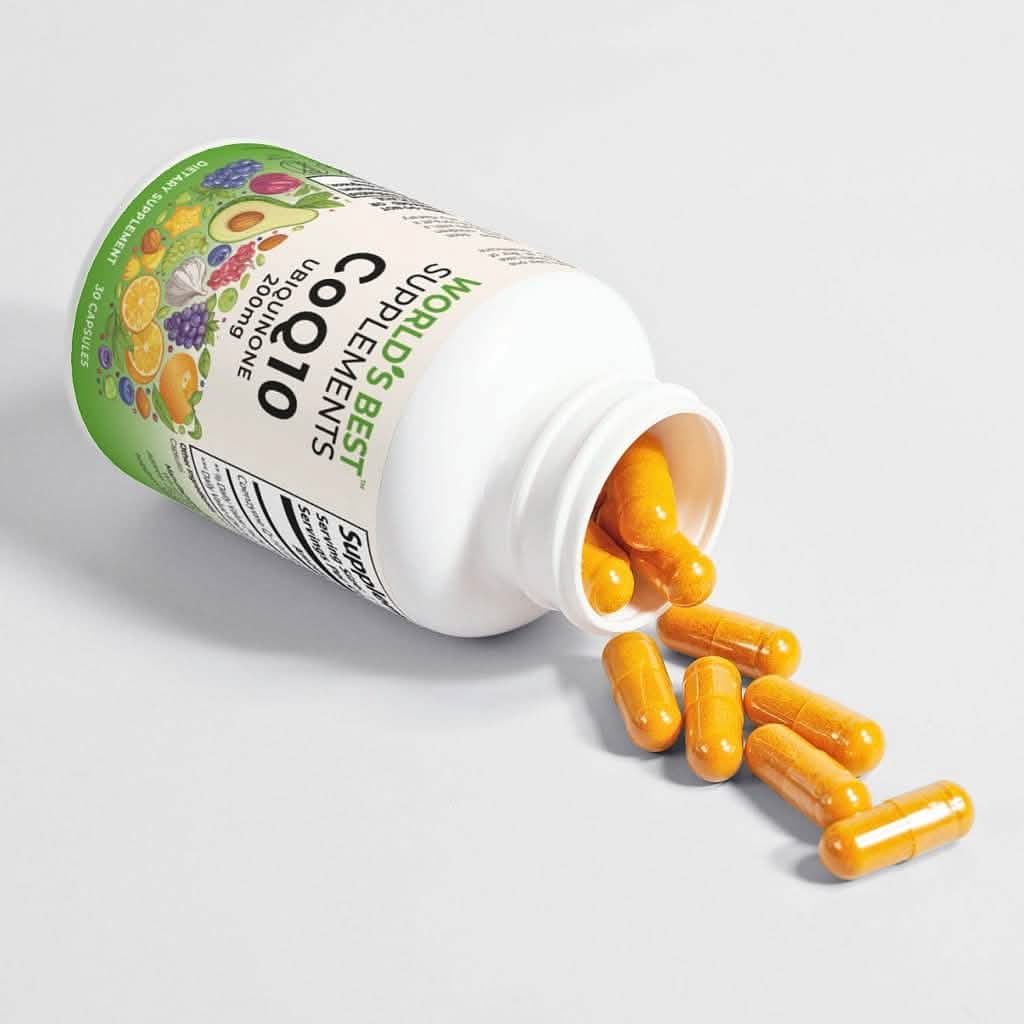 CoQ10 Ubiquinone capsules coming out of the World's Best Supplements bottle.
