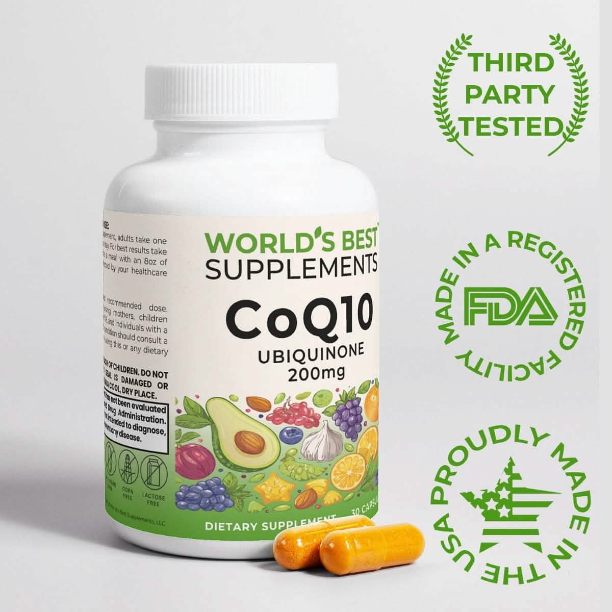 CoQ10 Ubiquinone third-party tested, made in the USA in FDA registered GMP facilities.