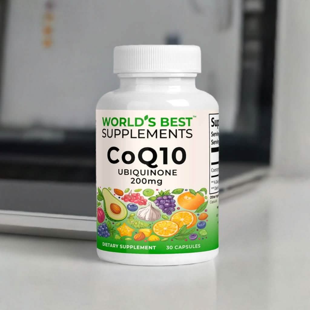 CoQ10 Ubiquinone (Coenzyme Q10) 200mg Capsules daily supplement from World's Best Supplements containing 30 servings.