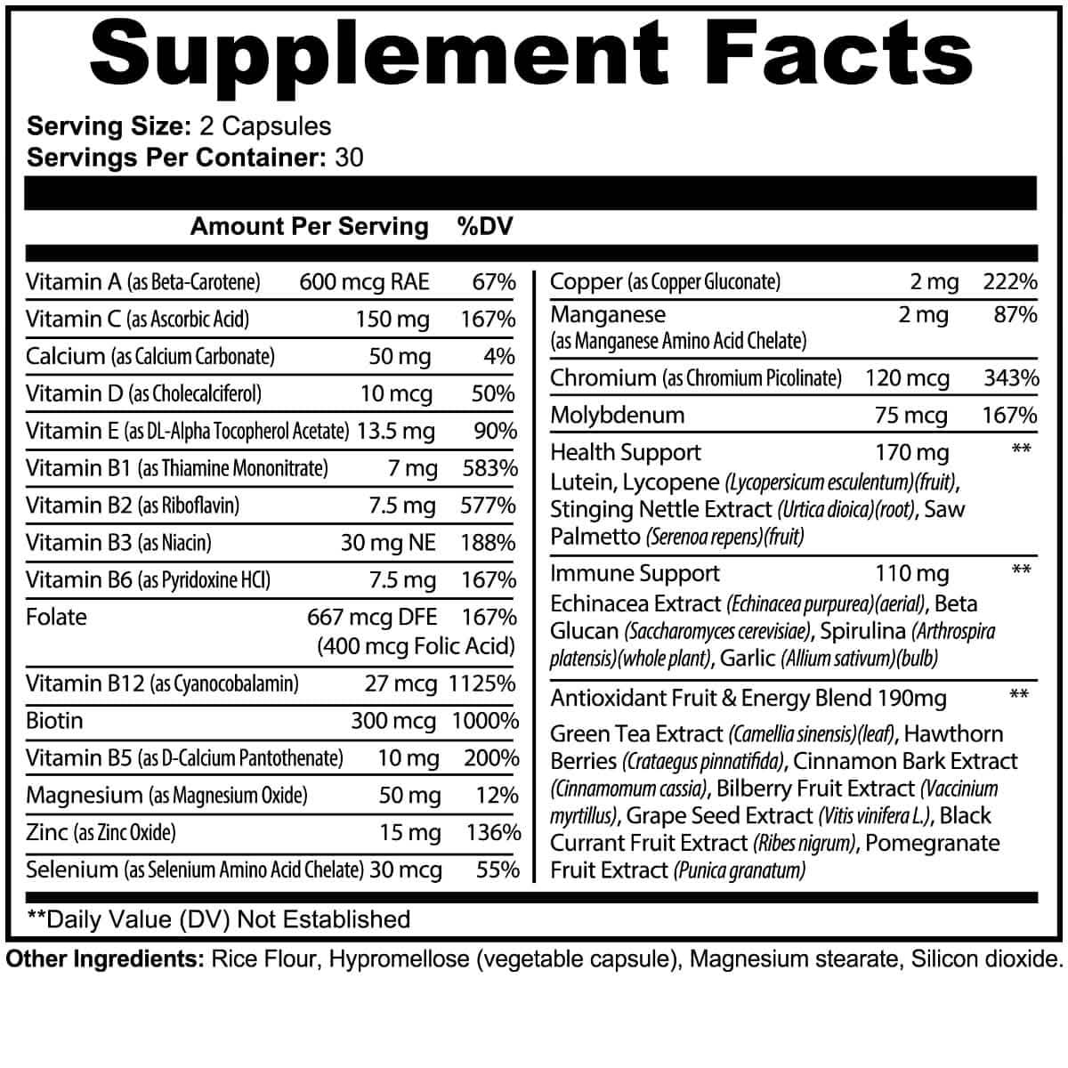 The supplement facts label for Daily Complete Multivitamins from World's Best Supplements.