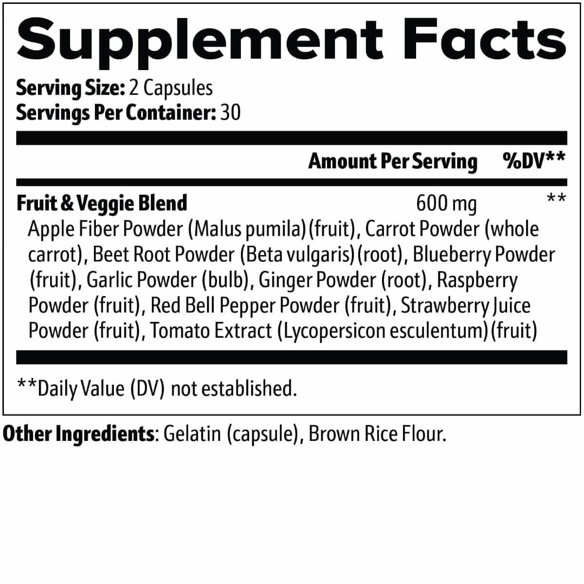 Dietary Supplement facts for Daily Fruits & Veggies capsules from World's Best Supplements.