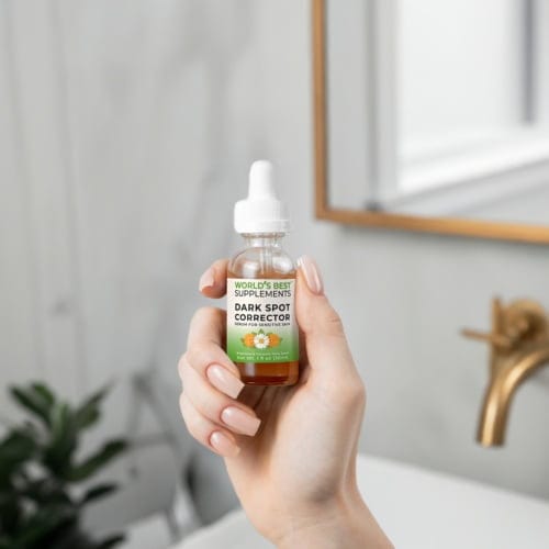 A hand holding a bottle of Dark Spot Corrector for Sensitive Skin 1 ounce, by World's Best Supplements.
