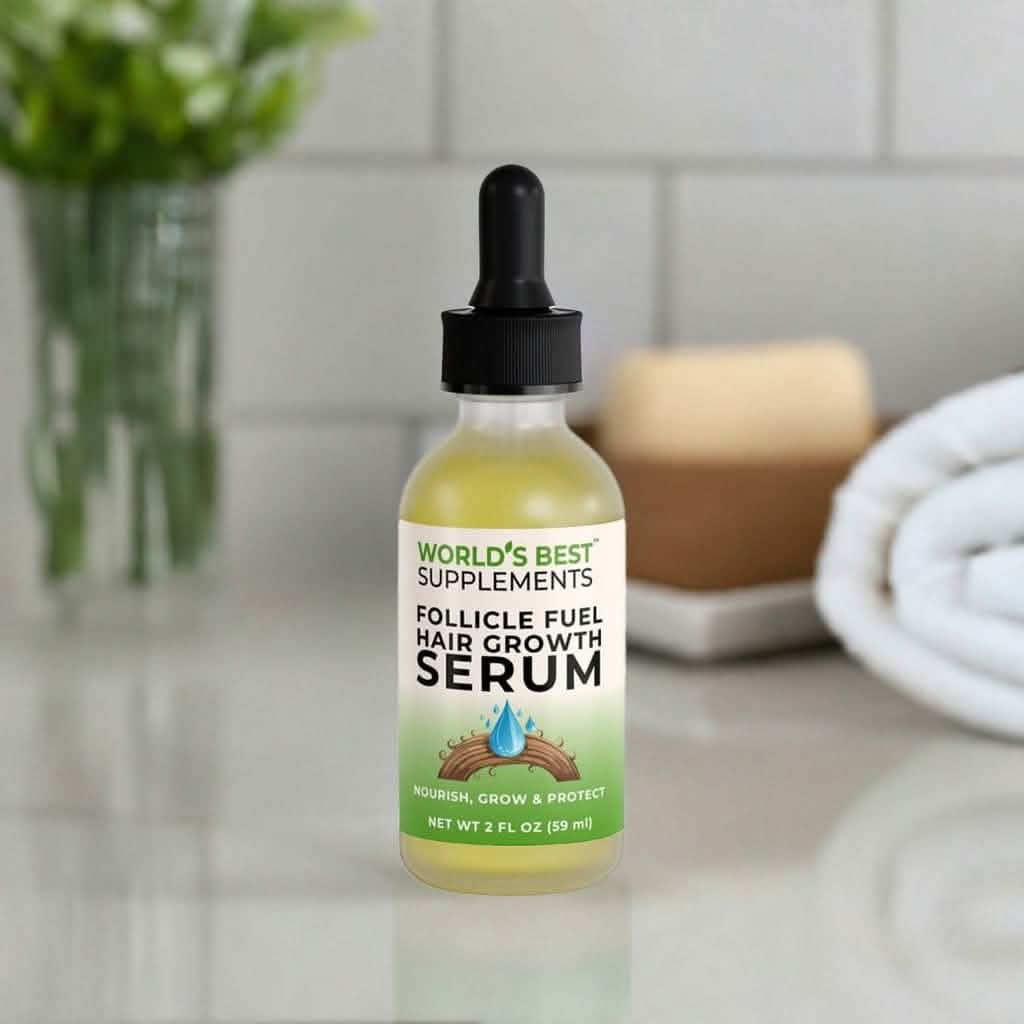 A 2 ounce bottle of Follicle Fuel Hair Growth Serum from World's Best Supplements.