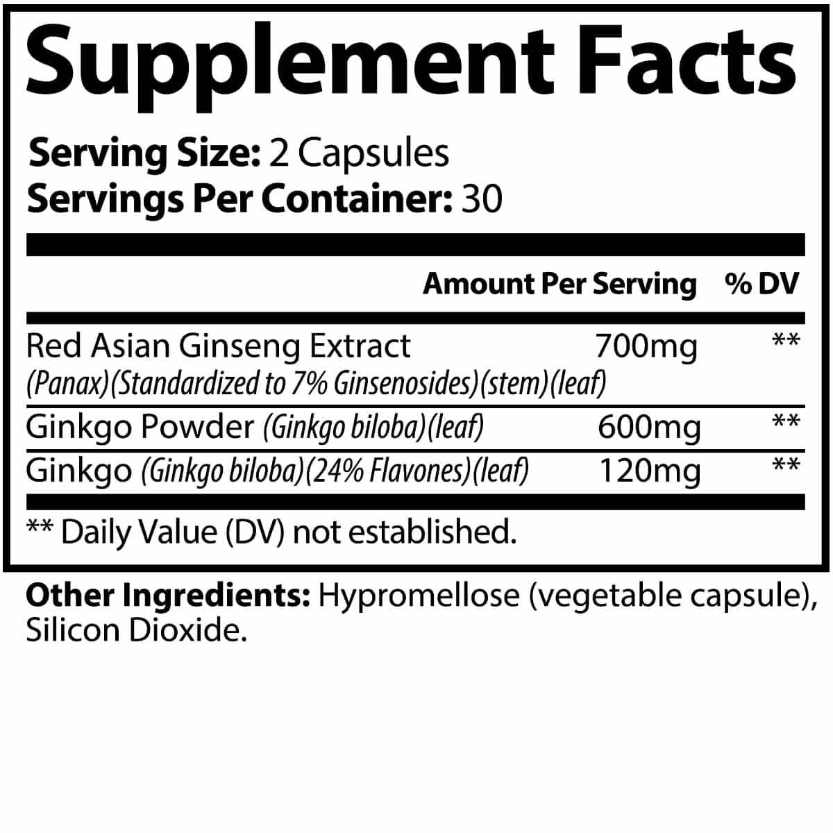 Dietary Supplement Facts label for Ginko Biloba and Panax Ginseng capsules from World's Best Supplements.