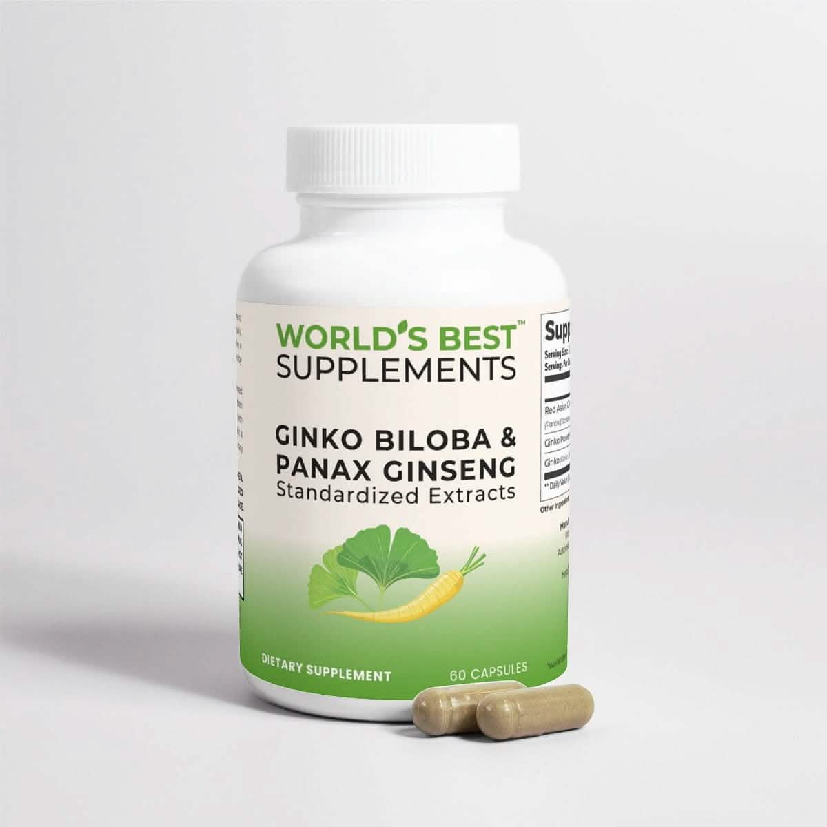 A bottle of Ginko Biloba and Panax Ginseng with two capsules laying next to the bottle from World's Best Supplements.