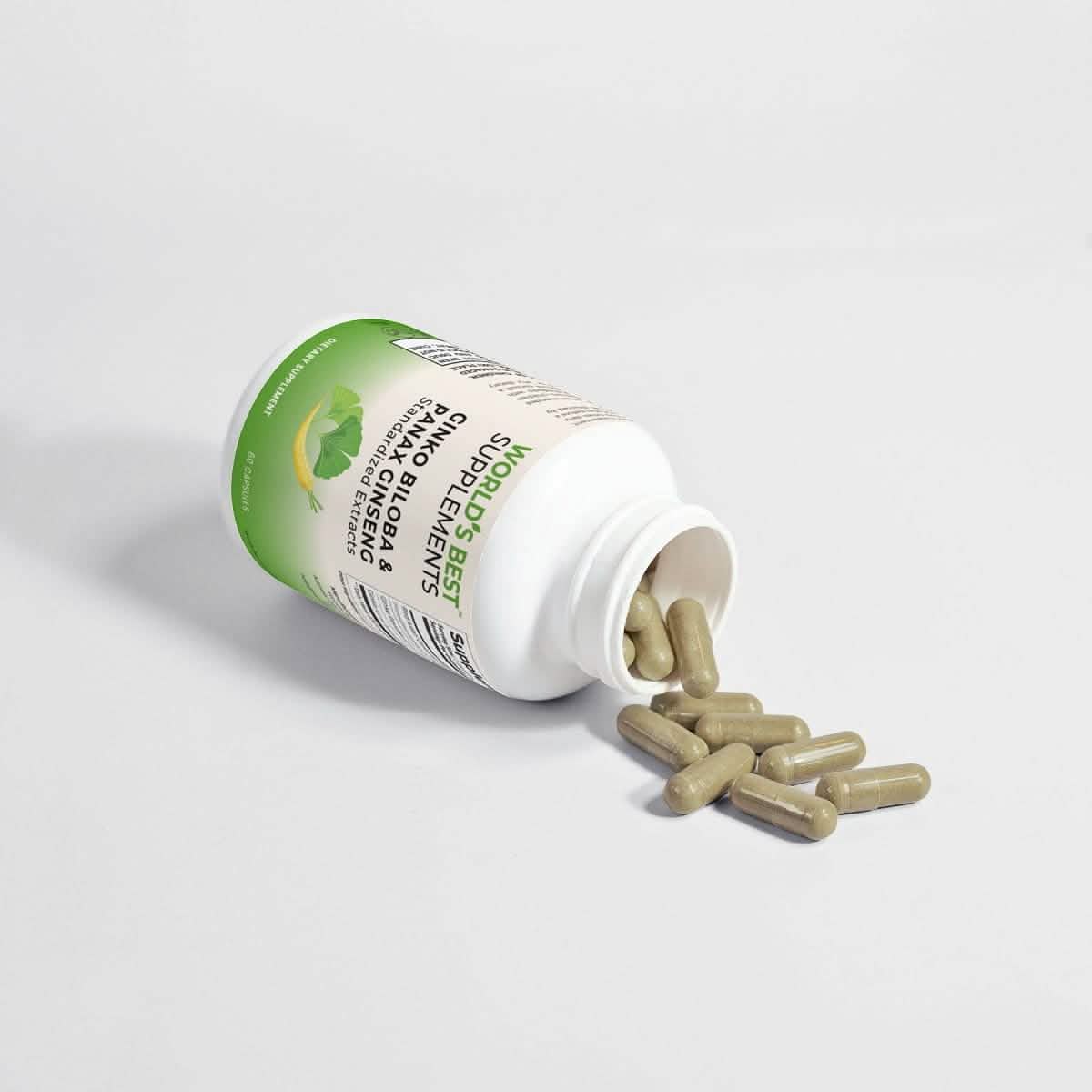 A bottle of Ginko Biloba and Panax Ginseng with the capsules pouring onto a table from World's Best Supplements.