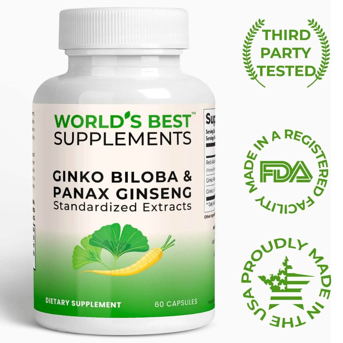 World's Best's Ginko Biloba and Panax Ginseng supplements is third party tested, made in a FDA registered facility, and proudly made in the USA.