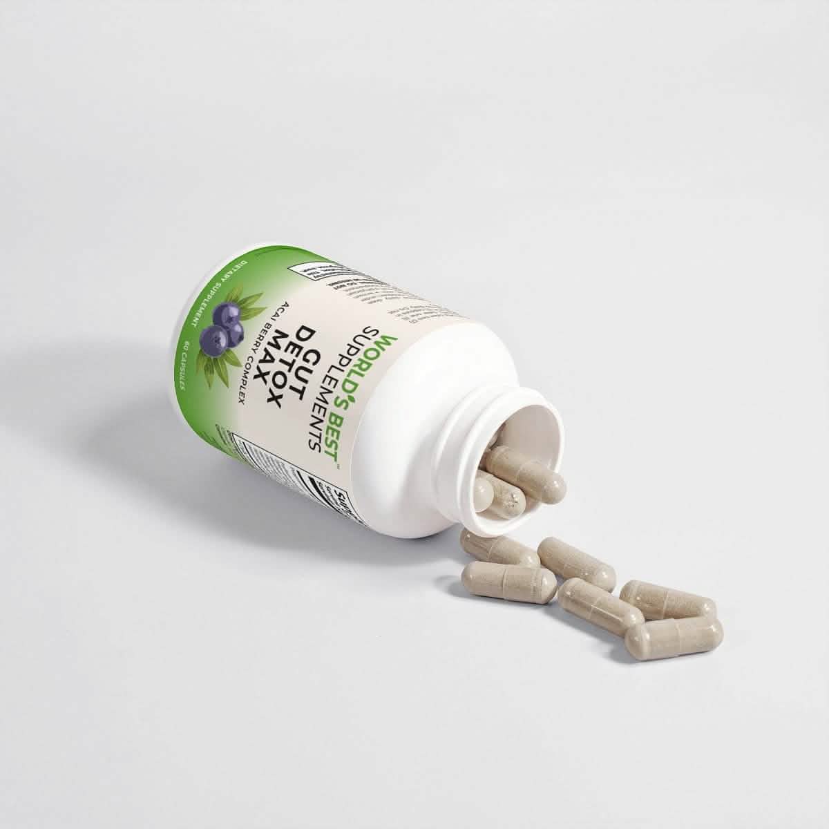 A bottle of Gut Detox Max with Acai Berry Complex showing the Capsules from World's Best Supplements.