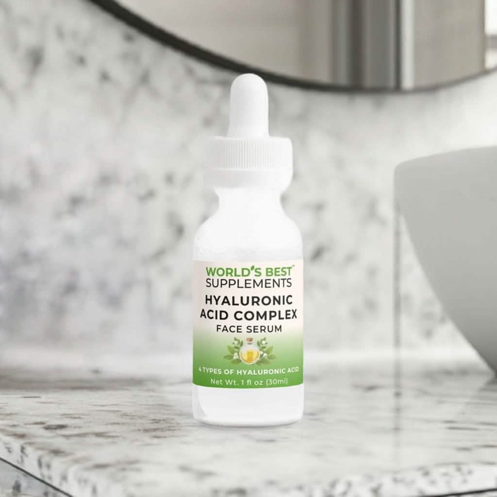 Hyaluronic Acid Complex Face Serum from World's Best Supplements featuring a power blend of 4 different Hyaluronic Acid (HA) molecular weights to hydrate and nourish all layers of the skin.