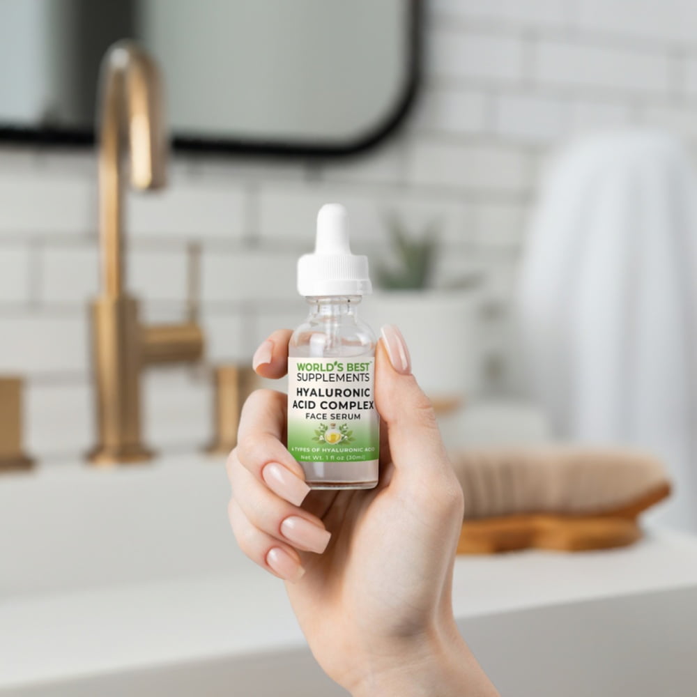 A bottle of Hyaluronic Acid Face Serum featuring 4 types of Hyaluronic Acid for deep moisturizing multiple skin layers from World's Best Supplements.