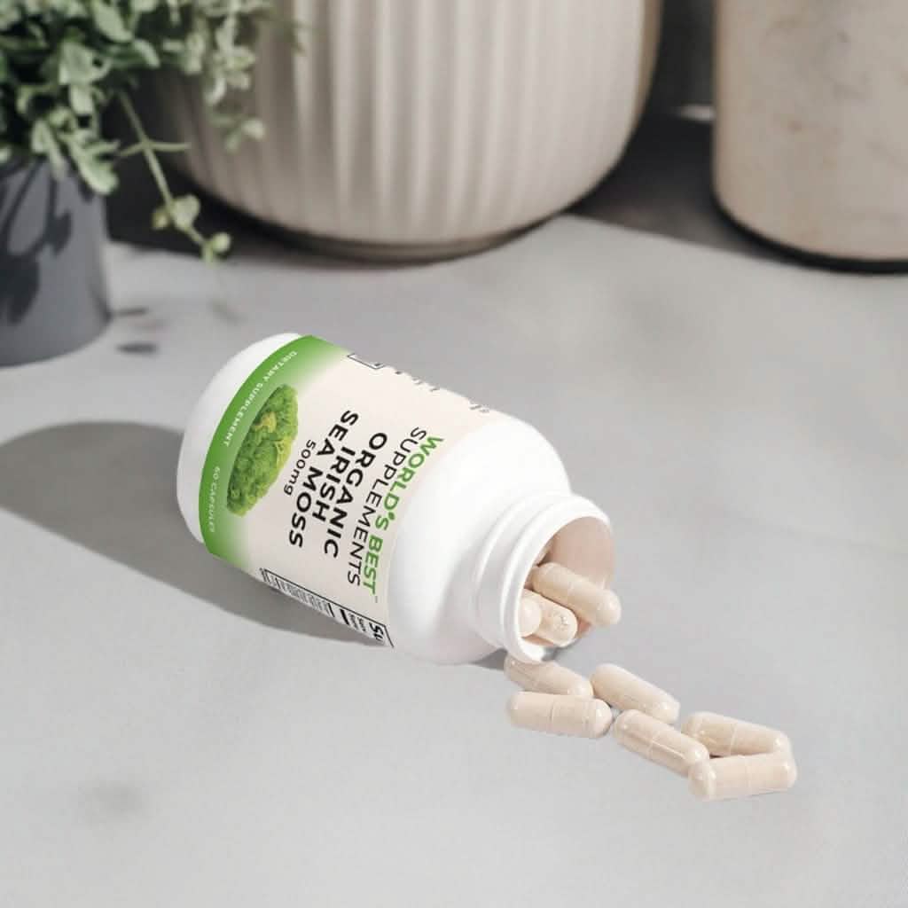 A bottle of Organic Irish Sea Moss for Immune Support, Thyroid Health, and Gut Health from World's Best Supplements with 60 capsules per bottle for the best price.