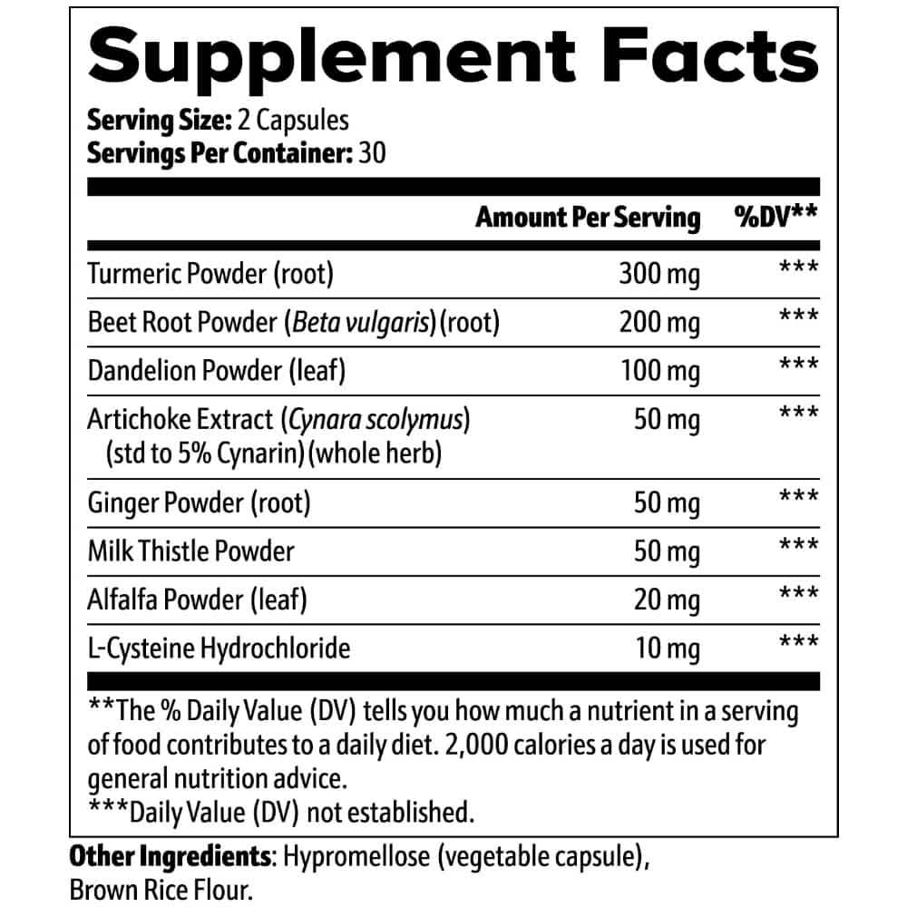 Supplement Facts label for Liver Detox 60 Capsules from World's Best Supplements.