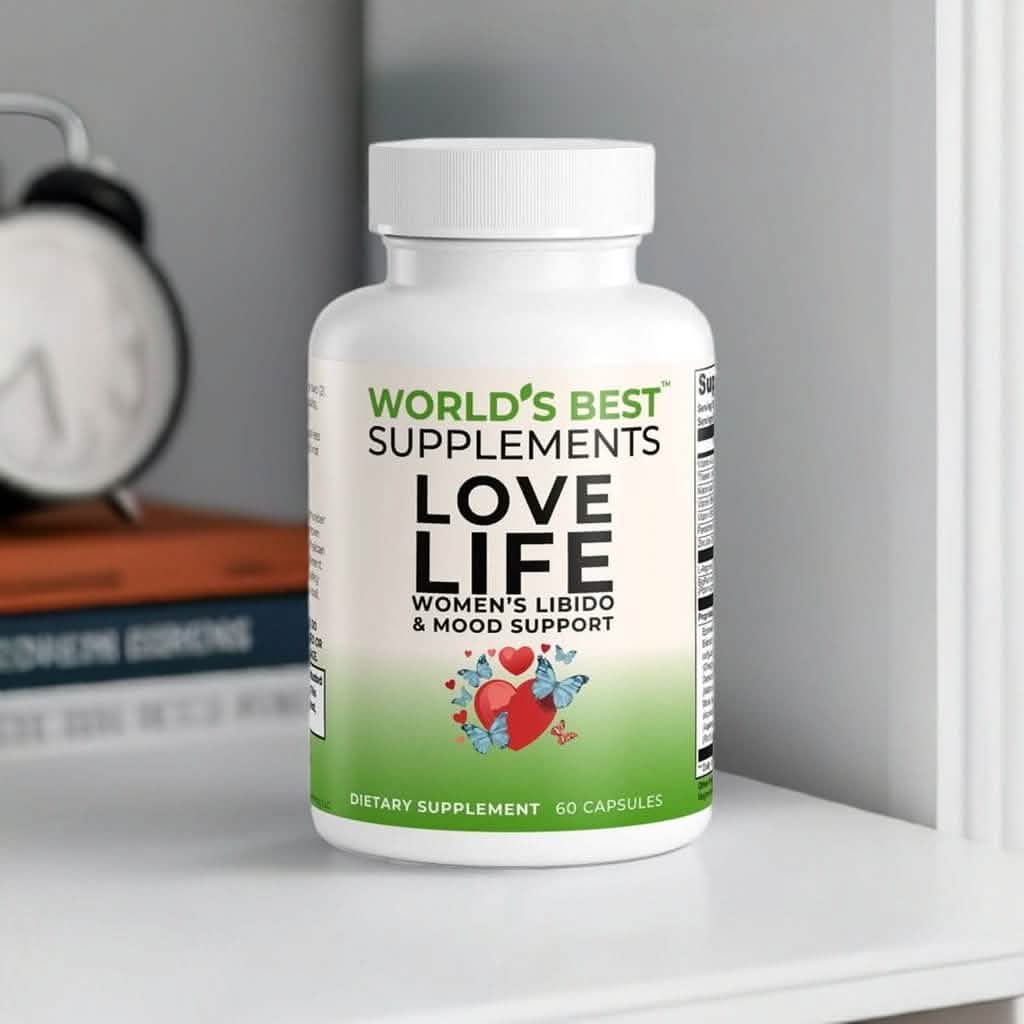 A bottle of Love Life Women's Libido and Mood Support containing 60 capsules from World's Best Supplements.
