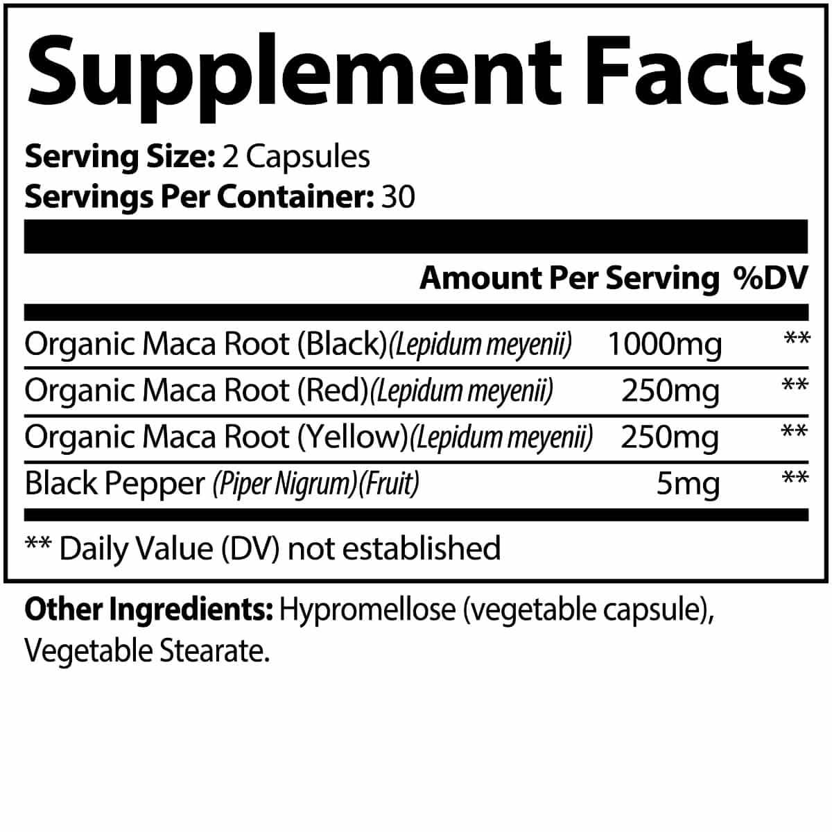 Supplement Facts for World's Best Maca capsules.