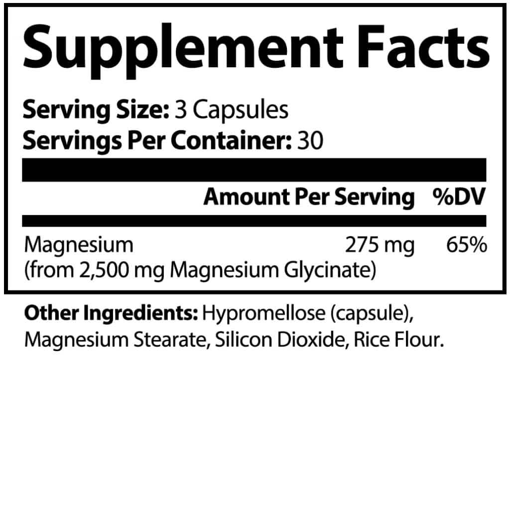 Supplement Facts label for Magnesium Glycinate 2,500mg capsules by World's Best Supplements.