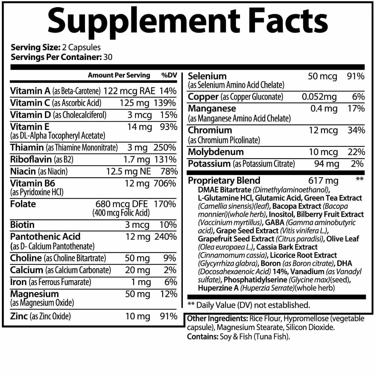 Supplement Facts label for Mastermind Memory & Focus dietary supplement from World's Best Supplements.
