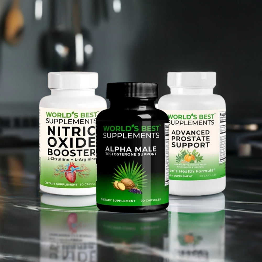 The three bottles of supplements that make up the Men's Best Supplement Stack | 1 Month Bundle from World's Best Supplements, including: Advanced Prostate Support, Alpha Male Testosterone Support, and Nitric Oxide Booster.