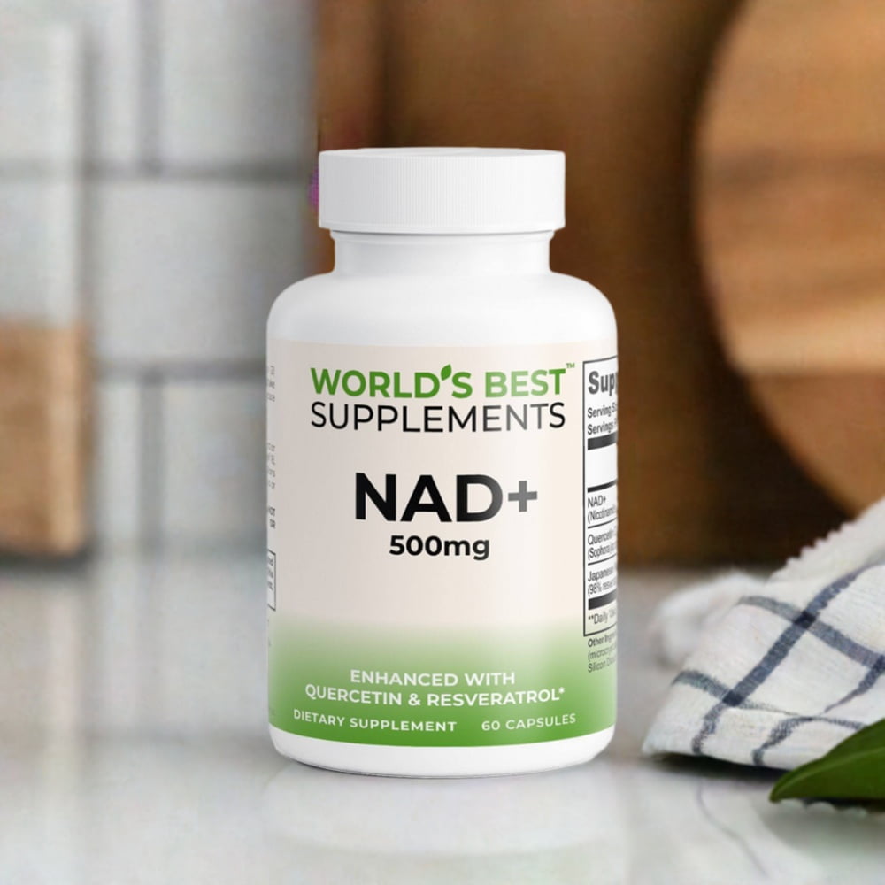A bottle of NAD+ 500mg enhanced with 250mg Quercetin and 150mg Resveratrol from World's Best Supplements.