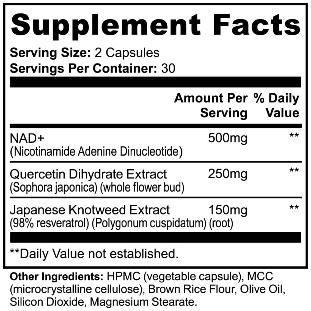 The Supplement Facts label for NAD+ with Quercetin and Resveratrol from World's Best Supplements.