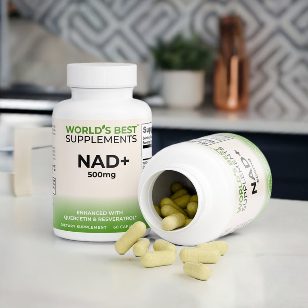 two bottles of NAD+ from World's Best Supplements showing the capsules coming out of one of the bottles.