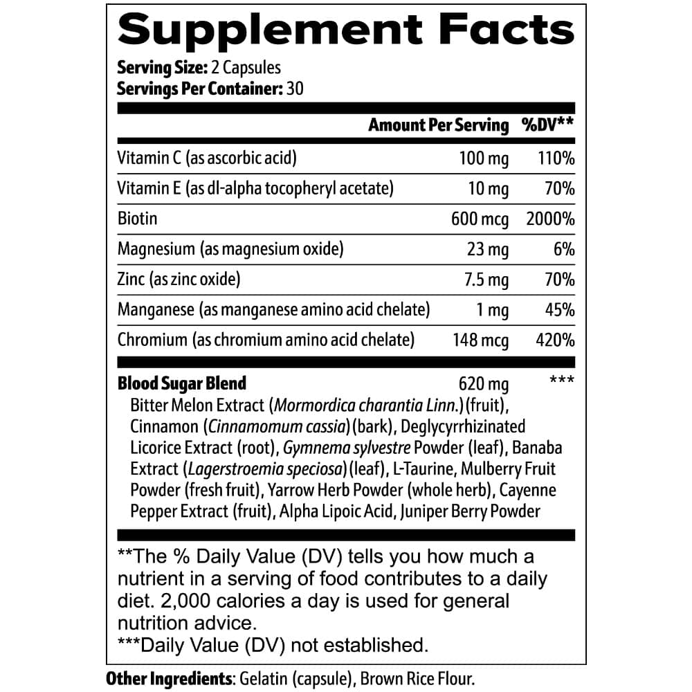 Dietary Supplement Facts for the All Natural Blood Sugar Support Capsules from World's Best Supplements.