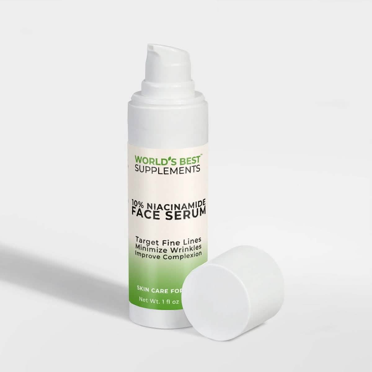 Niacinamide Face Serum for fine lines and wrinkles with the cap off from World's Best Supplements.