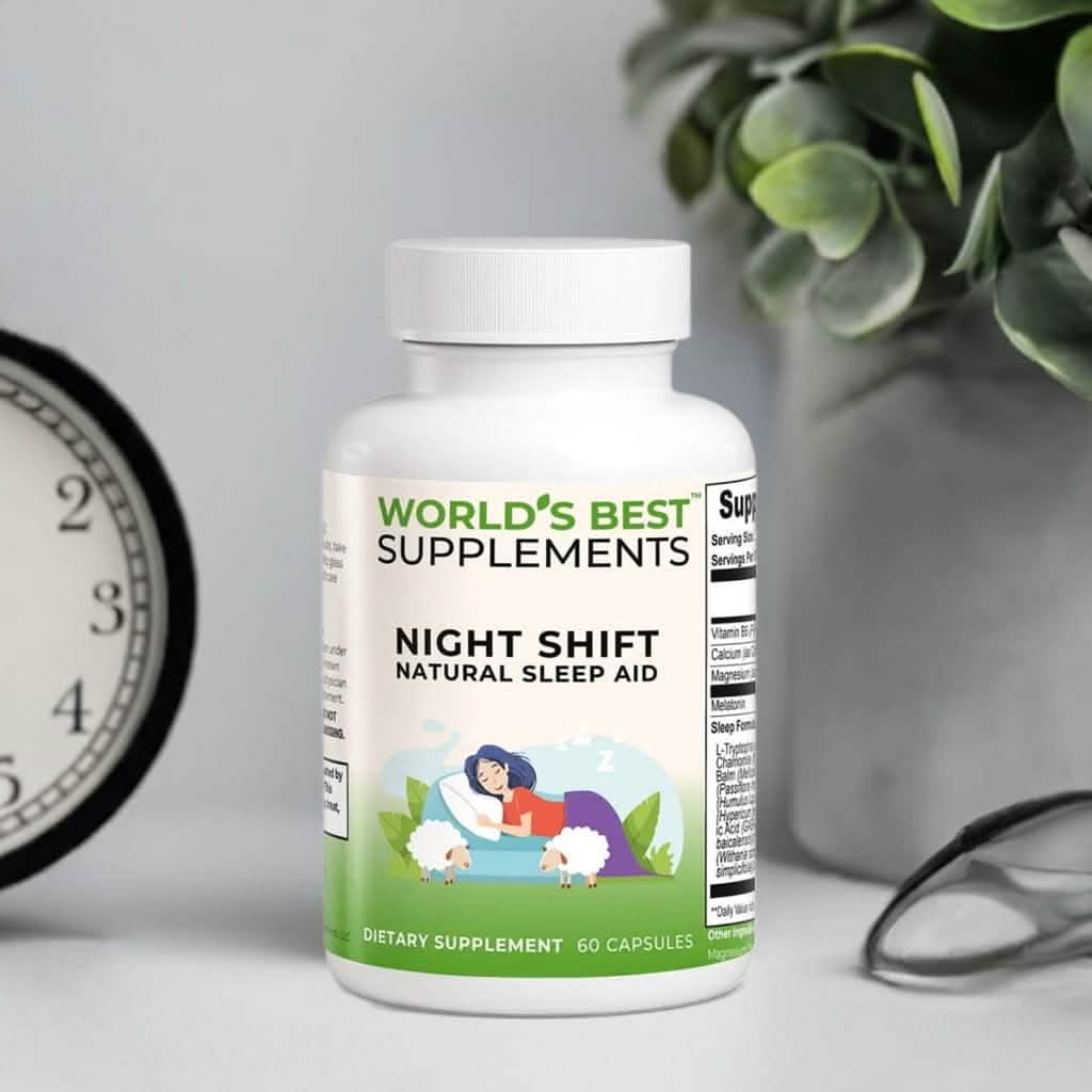 A bottle of Night Shift Natural Sleep Aid from World's Best Supplements on a night stand next to an alarm clock and a pair of glasses.