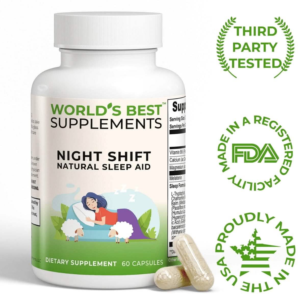 A bottle of Night Shift Natural Sleep Aid and a couple capsules alongside the Third-Party Tested, Made in the USA, Made in a FDA Registered Facility badges.