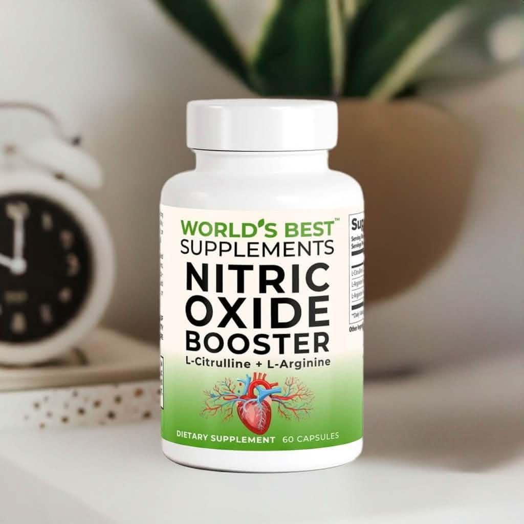 A bottle of Nitric Oxide Booster Capsules with L-Citrulline and L-Arginine 400mg each from World's Best Supplements.