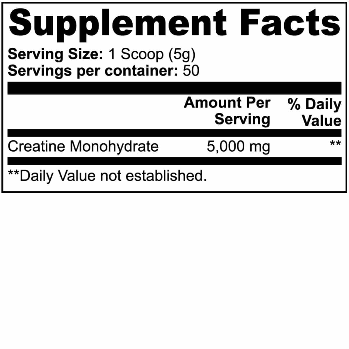 Supplement Facts label for Creatine Pure Monohydrate 5000mg powder from World's Best Supplements.