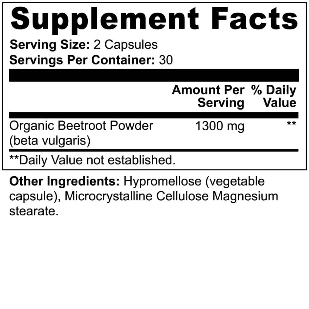 Supplement Facts label for Organic Beetroot Capsules from World's Best Supplements.