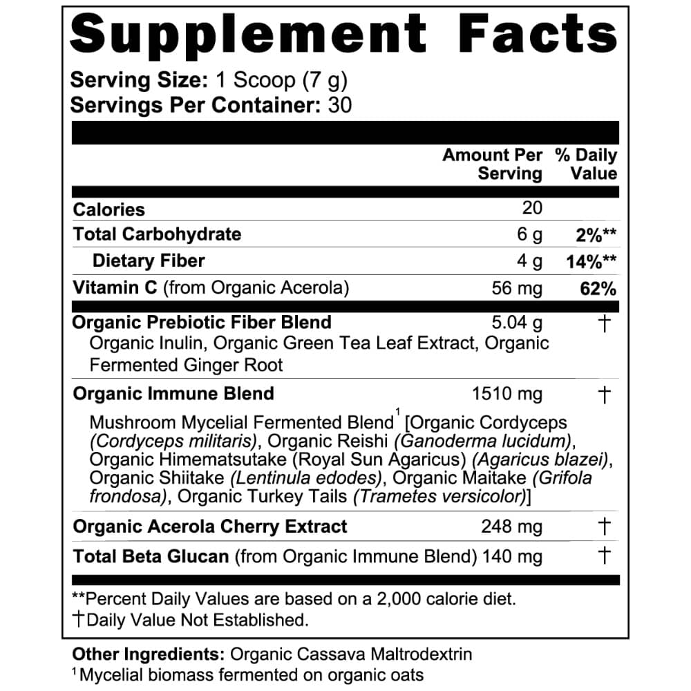 The detailed Nutrition Facts label for Organic Fermented Mushroom Complex 210g 30 servings from World's Best Supplements.