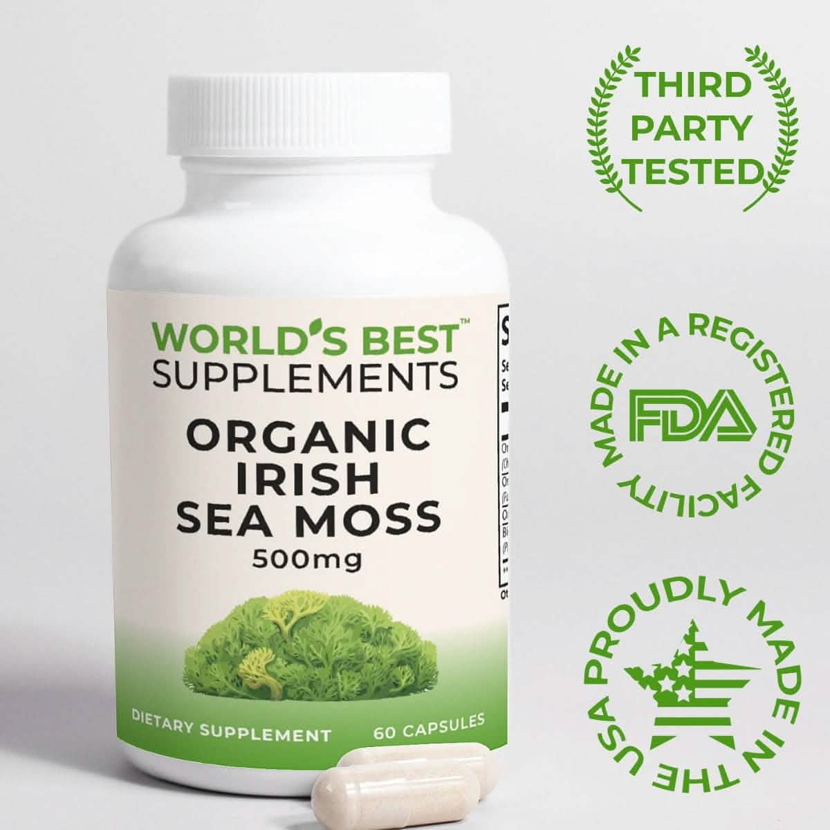 Organic Irish Sea Moss supplement that is Third-Party Tested, and made in the USA in a FDA-registered GMP facility by World's Best Supplements.
