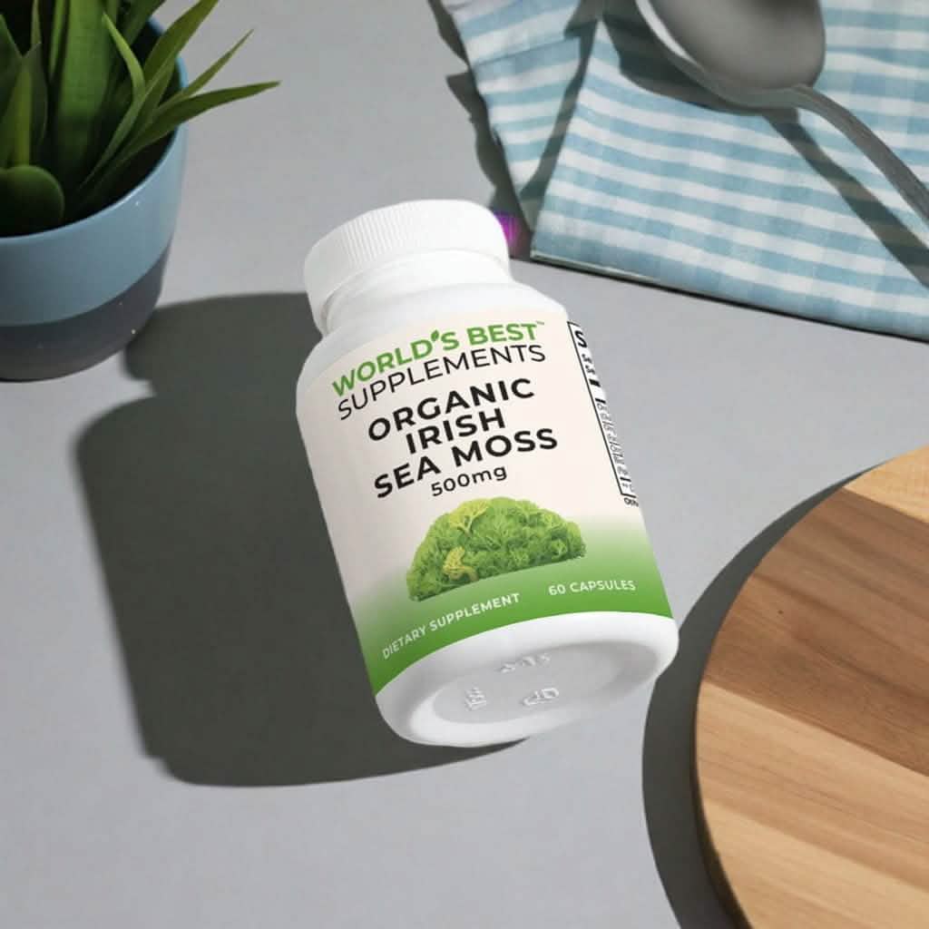 A bottle of the Best Organic Irish Sea Moss Pills from World's Best Supplements in the USA.